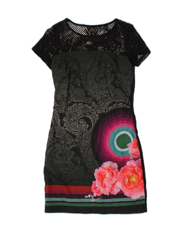 DESIGUAL Womens Short Sleeves Sheath Dress UK 8 Small Black Floral Tunics Brand named