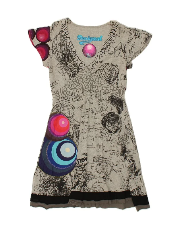 DESIGUAL Womens Graphic A-Line Dress UK 14 Large Grey Cotton Halter Neckline Beach