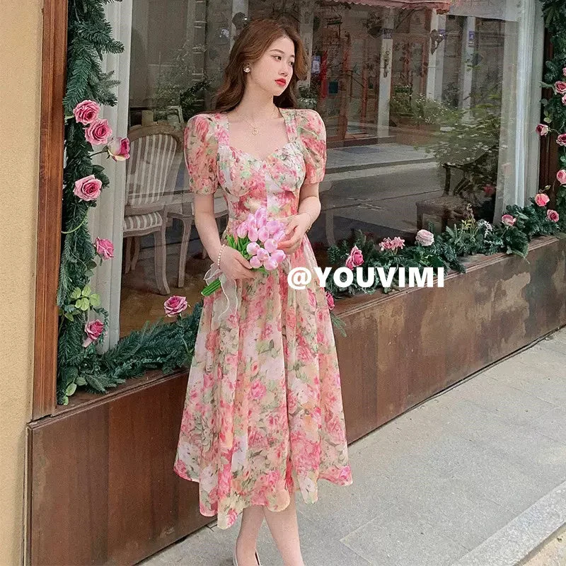 Pink Square Neck Floral Dress yv31481 Tunics Luxurious premium