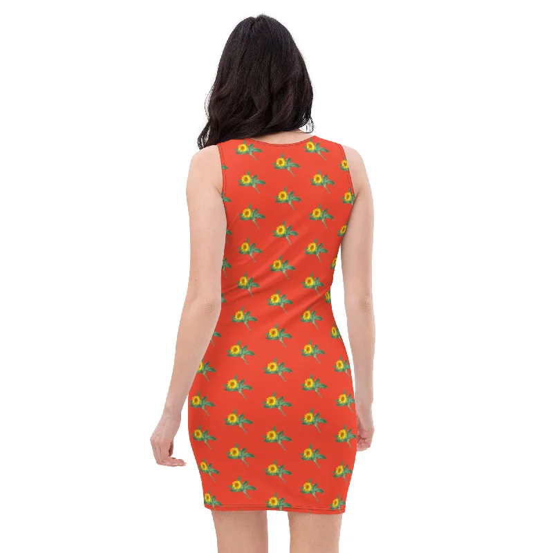 Red Floral Sunflower Print Dress, Sunflower Print Sleeveless Women's Dress - Made in USA/EU/MX Tunics Essential wardrobe