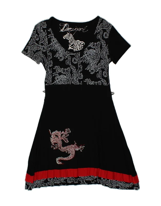 DESIGUAL Womens Graphic A-Line Dress UK 12 Medium Black Animal Print Casual Short Summer