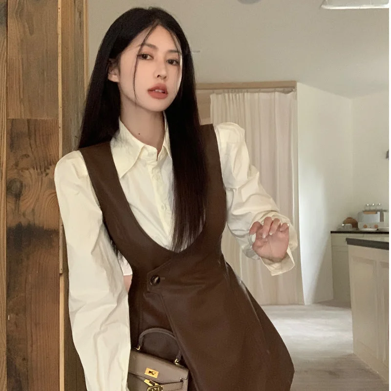 Wjczt 2024 fall fashion trends French Retro British Style Two-Piece Set Autumn New Fashion All-Match Shirt Top Vest Skirt Dress Tunics Sophisticated sleek Wjczt 2024 fall fashion trends French Retro British Style Two-Piece Set Autumn New Fashion All-Match Shirt Top Vest Skirt Dress Tunics Sophisticated sleek