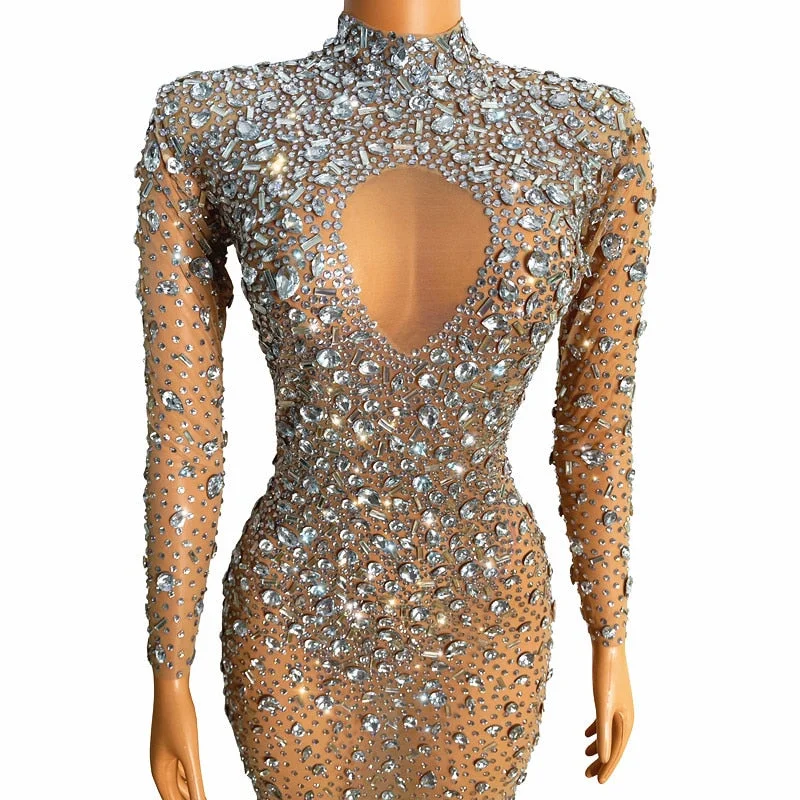 Flashing Silver Crystals Stones Sexy Transparent Long Dress  Evening Birthday Celebrate Mesh Stretch Dance Long Sleeves Dress Halter Neckline Beach