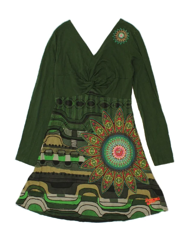 DESIGUAL Womens Graphic Long Sleeve A-Line Dress UK 12 Medium Green Floral Tunics Stylish elegant