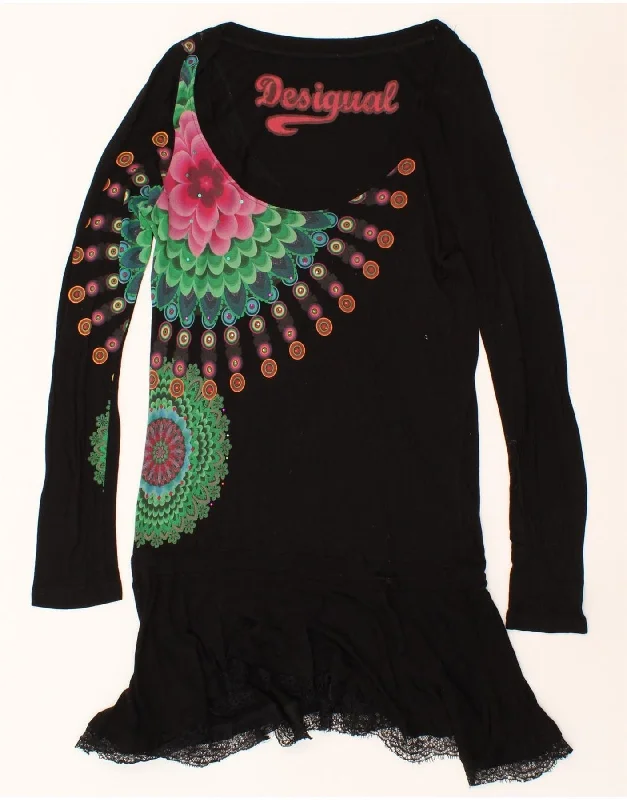 DESIGUAL Womens Graphic Long Sleeve Drop Waist Dress UK 12 Medium Black Shift Classic Vintage