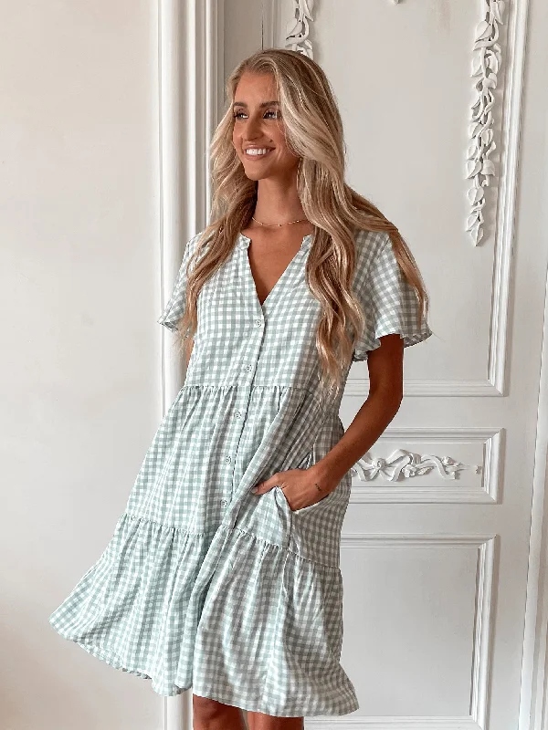 Maiya Dress - Sage Gingham empire Waist empire