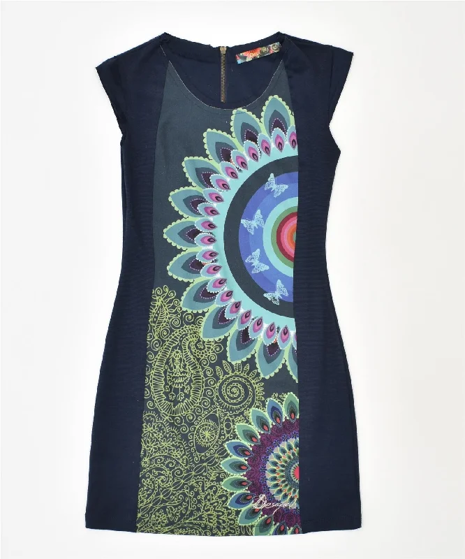 DESIGUAL Womens Graphic Sheath Dress UK 6 XS Navy Blue Floral Tunics Stylish elegant