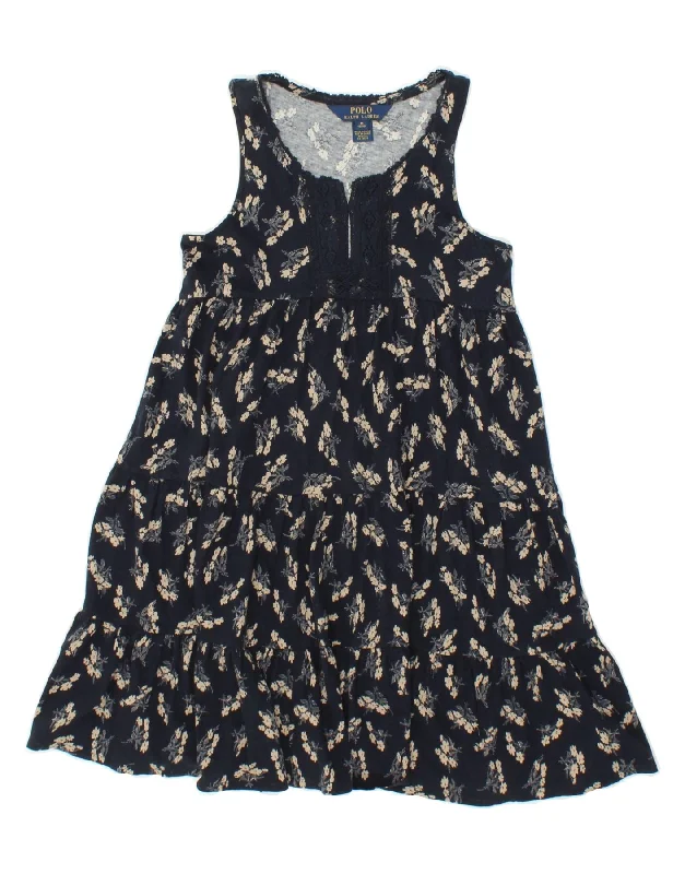 POLO RALPH LAUREN Girls Tiered Dress 8-9 Years Medium  Navy Blue Floral Shift Classic Vintage