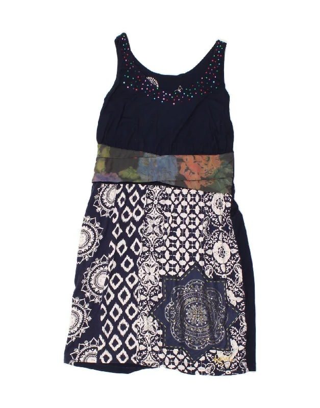 DESIGUAL Womens Sleeveless A-Line Dress UK 10 Small Navy Blue Patchwork Boat Neckline Classic