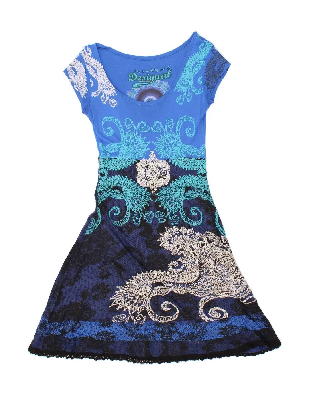 DESIGUAL Womens Short Sleeves A-Line Dress UK 12 Medium Blue Floral Tunics Distressed trendy DESIGUAL Womens Short Sleeves A-Line Dress UK 12 Medium Blue Floral Tunics Distressed trendy