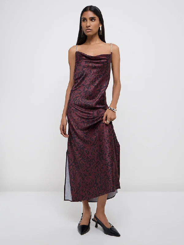 Wardrobe Burgundy Animal Printed Straight Dress Tunics Bridal satin