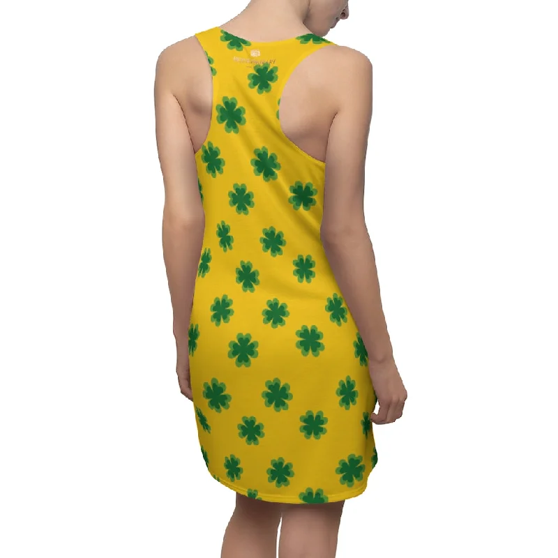 Yellow Green Clover Dress, Best Clover Leaf Print St. Patty's Day Long Women's Racerback Dress-Made in USA Tunics Fashionable trendy Yellow Green Clover Dress, Best Clover Leaf Print St. Patty's Day Long Women's Racerback Dress-Made in USA Tunics Fashionable trendy