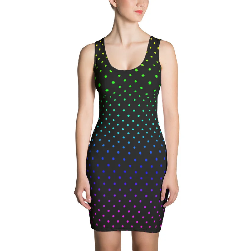 Black Rainbow Dots Dress, Cute Polka Dots Women's Designer Dress-Made in USA/EU Tunics Party sparkling Black Rainbow Dots Dress, Cute Polka Dots Women's Designer Dress-Made in USA/EU Tunics Party sparkling