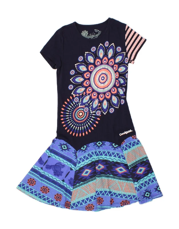 DESIGUAL Girls Graphic A-Line Dress 13-14 Years Navy Blue Fair Isle Cotton Tunics Top rated