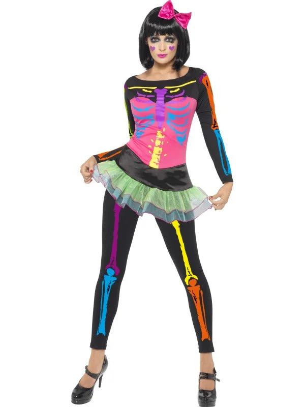 Womens Neon Skeleton Fancy Dress Costume Horror Fancy Dress Tunics New arrival
