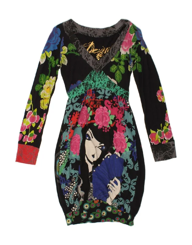 DESIGUAL Womens Long Sleeve Bubble Dress UK 12 Medium Black Floral Cotton Tunics Corduroy durable DESIGUAL Womens Long Sleeve Bubble Dress UK 12 Medium Black Floral Cotton Tunics Corduroy durable