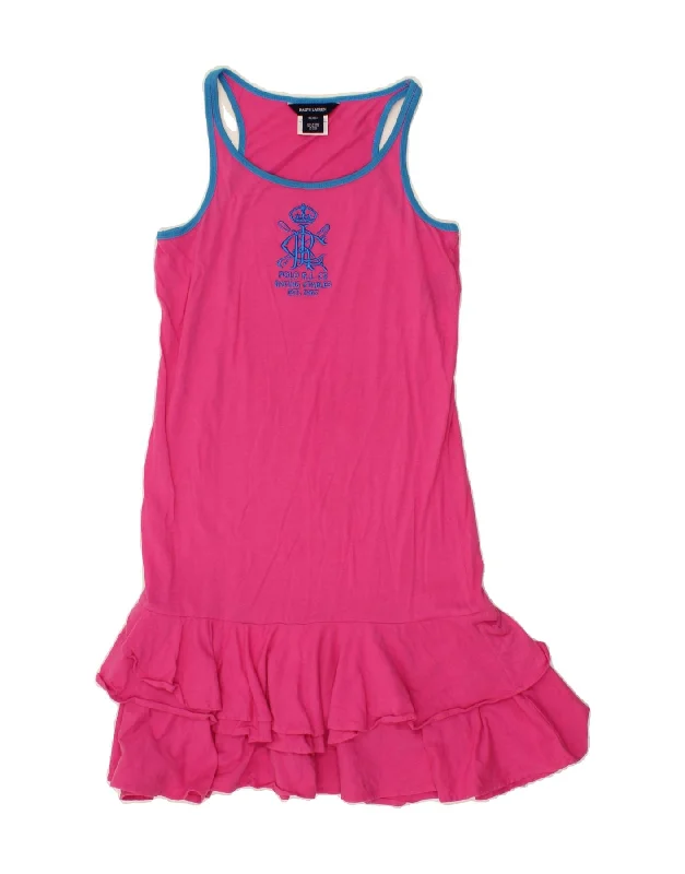 RALPH LAUREN Girls Graphic Ruffle Drop Waist Dress 15-16 Years XL Pink Halter Neckline Beach RALPH LAUREN Girls Graphic Ruffle Drop Waist Dress 15-16 Years XL Pink Halter Neckline Beach