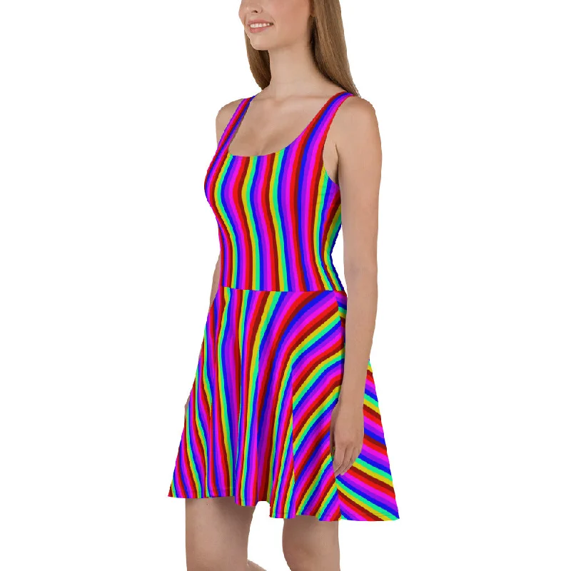 Rainbow Stripe Skater Dress, Gay Pride Parade Colorful Best Women's Dress-Made in EU Tunics Silk luxurious