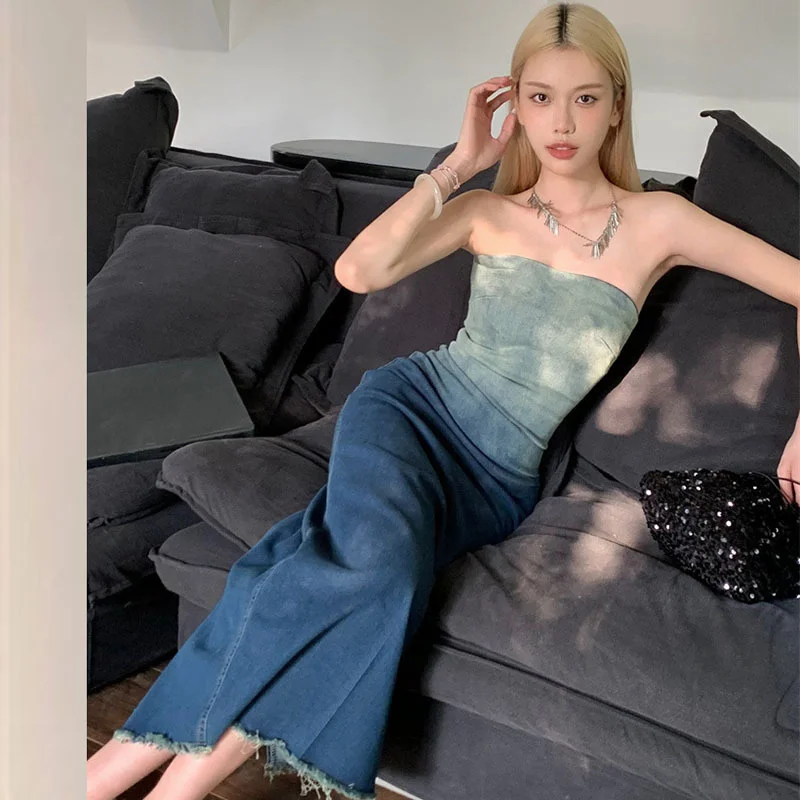 Women Sexy Casual Slim-Fit Backless Sleeveless Gradient Denim Bag Hip Tube Dress Tunics Chic elegant Women Sexy Casual Slim-Fit Backless Sleeveless Gradient Denim Bag Hip Tube Dress Tunics Chic elegant