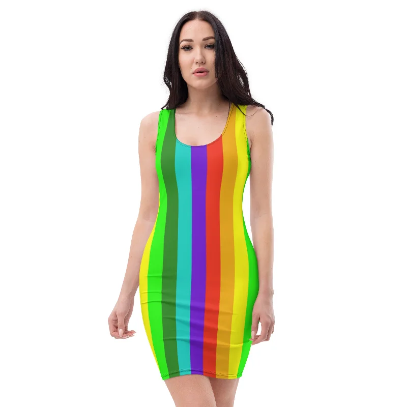 Gay Pride Women's Dress, Best Gay Pride Striped Rainbow Colorful Women's Long One-Piece Dress- Made in USA/ Europe Tunics Party sparkling Gay Pride Women's Dress, Best Gay Pride Striped Rainbow Colorful Women's Long One-Piece Dress- Made in USA/ Europe Tunics Party sparkling
