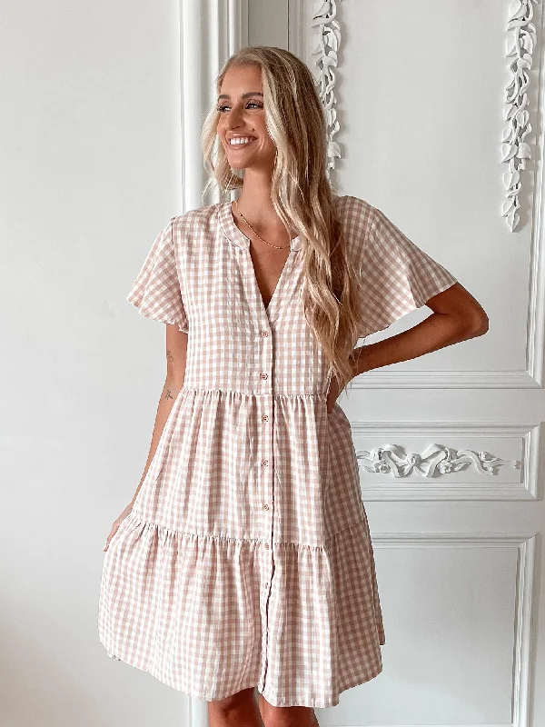 Maiya Dress - Beige Gingham Halter Neckline Beach