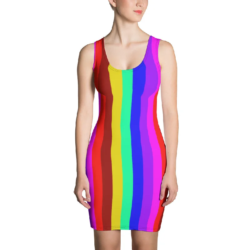 Gay Pride Women's Dress, Best Designer Striped Rainbow Colorful Print Women's One-Piece Long Best Dress- Made in USA Tunics Wedding white Gay Pride Women's Dress, Best Designer Striped Rainbow Colorful Print Women's One-Piece Long Best Dress- Made in USA Tunics Wedding white