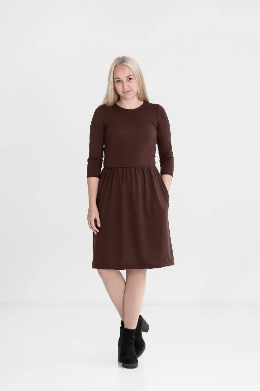 Pocket Dress Brown Long Sleeves Halter Neckline Beach