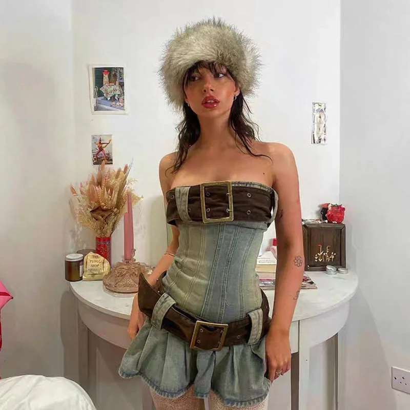 Women'S Fashion Edgy Off-The-Shoulder Denim Creased Tube Dress Tunics Cozy soft