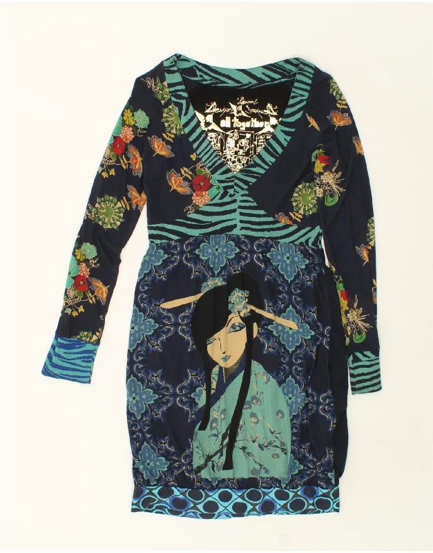 DESIGUAL Womens Graphic Long Sleeve Bubble Dress UK 10 Small Navy Blue Tunics Luxurious high-end