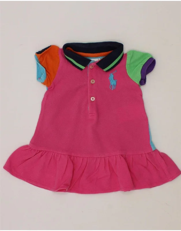 RALPH LAUREN Baby Girls Polo Dress 0-3 Months Pink Colourblock Cotton Maxi Flowy Bohemian