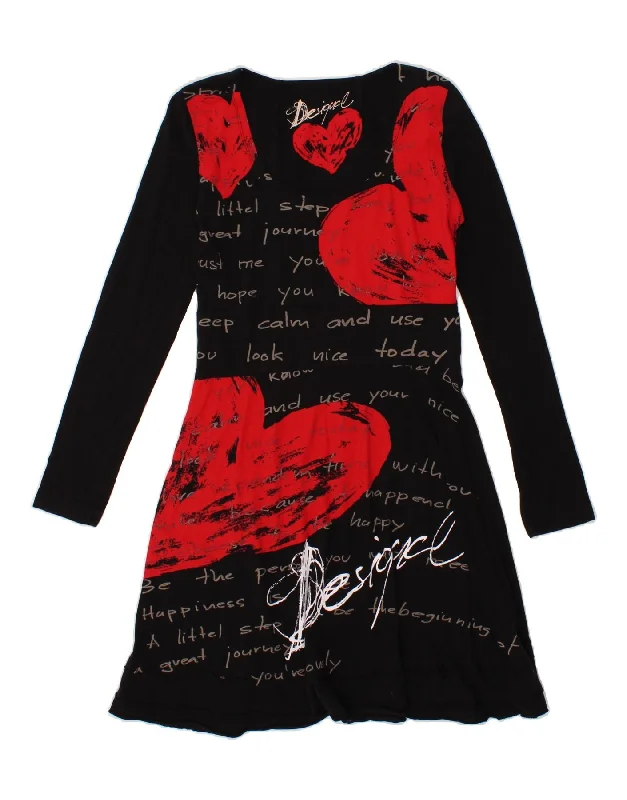 DESIGUAL Womens Graphic Long Sleeve A-Line Dress UK 14 Large Black Cotton Tunics Leisure comfortable