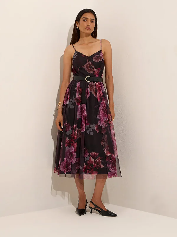 Wardrobe Black Floral Printed A-Line Dress with Belt Tunics Party sparkling