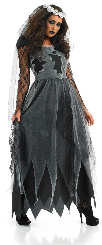 Ladies Black Corpse Bride Halloween Fancy Dress Costume Tunics Print Colorful