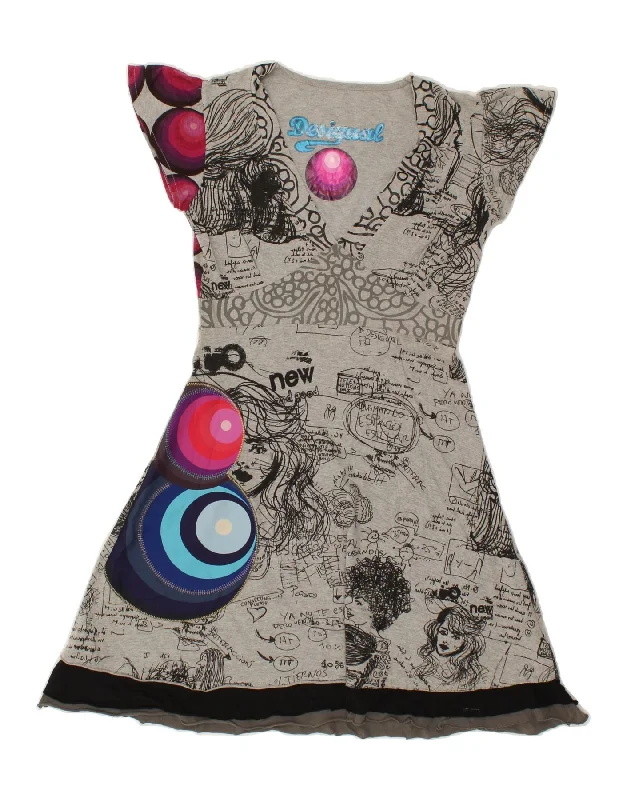 DESIGUAL Womens Graphic A-Line Dress UK 12 Medium Grey Cotton Crew Neckline Sporty