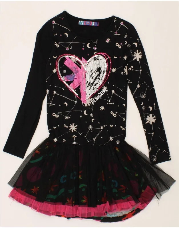 DESIGUAL Girls Graphic Long Sleeve Drop Waist Dress 11-12 Years Black Tunics Review highly