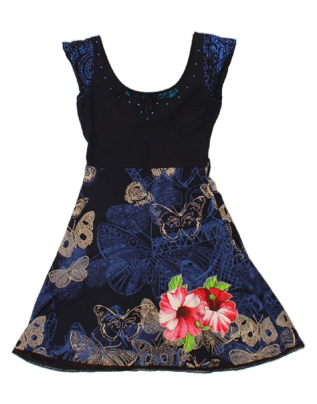 DESIGUAL Womens Graphic Sleeveless A-Line Dress UK 10 Small Navy Blue Cowl Neckline Elegant