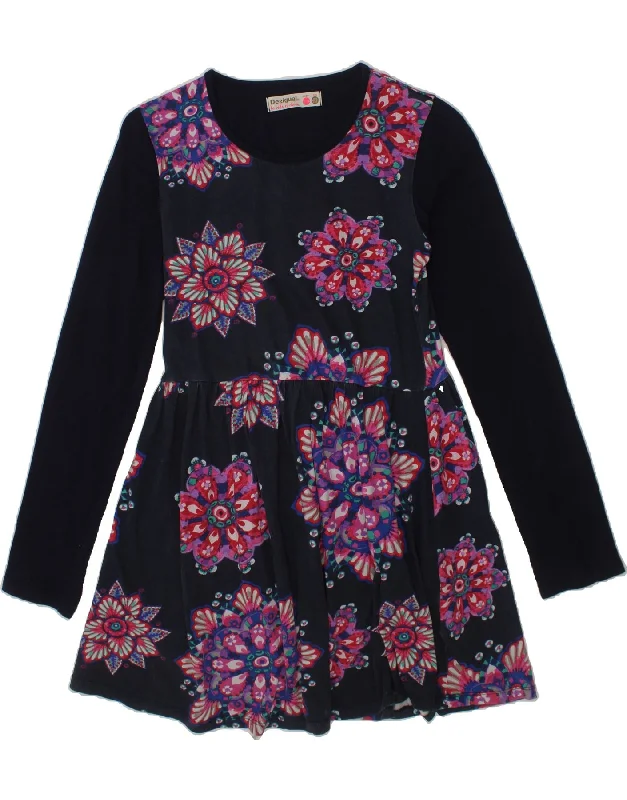 DESIGUAL Girls Long Sleeve A-Line Dress 11-12 Years Navy Blue Floral Maxi Flowy Bohemian