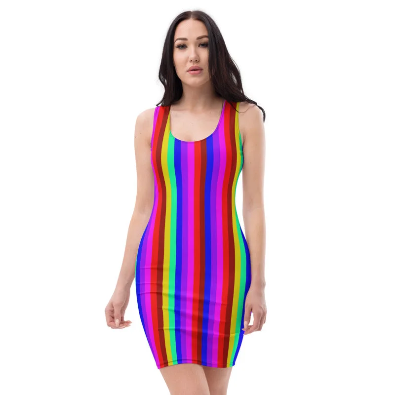 Rainbow Stripe Dress, Gay Pride Designer Long Sleeveless Women's Dress-Made in USA/EU Turtleneck Warm Winter