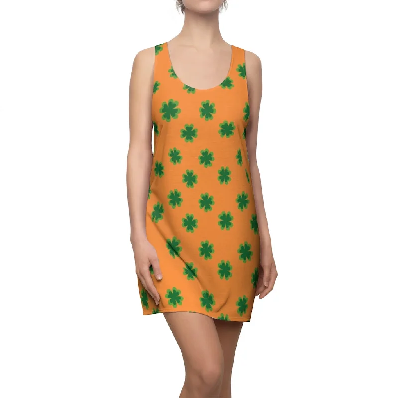 Orange Green Clover Dress, Best Clover Leaf Print St. Patty's Day Long Women's Racerback Dress-Made in USA Tunics Versatile all-occasion Orange Green Clover Dress, Best Clover Leaf Print St. Patty's Day Long Women's Racerback Dress-Made in USA Tunics Versatile all-occasion