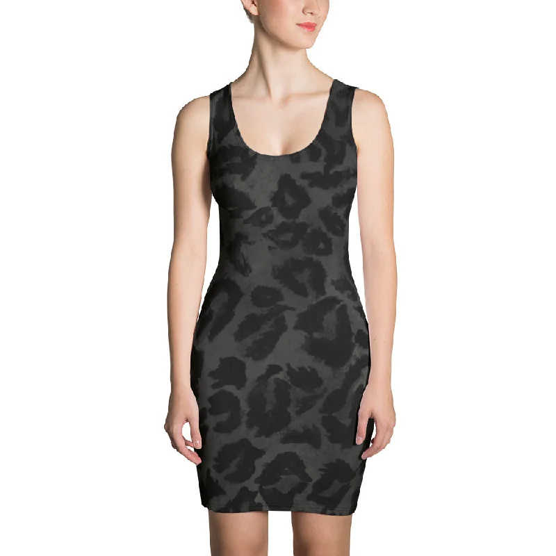 Dark Black Gray Leopard Animal Print Women's One Piece Dress - Made in USA/ Europe Tunics Office stylish Dark Black Gray Leopard Animal Print Women's One Piece Dress - Made in USA/ Europe Tunics Office stylish