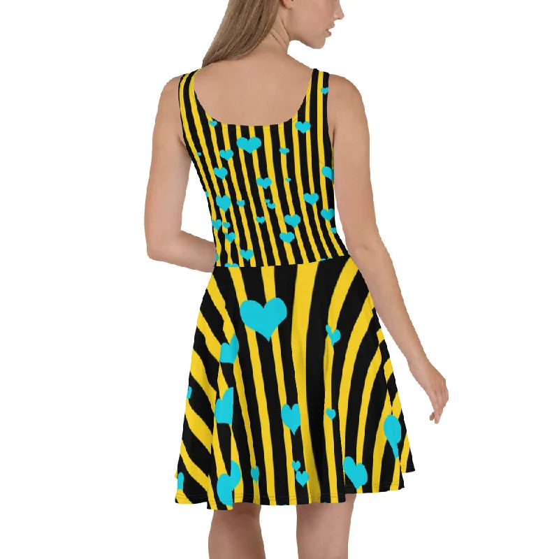 Yellow Black Striped Women's Dress, A-line Long Best Skater Dress - Made in Europe Tunics Bridal satin Yellow Black Striped Women's Dress, A-line Long Best Skater Dress - Made in Europe Tunics Bridal satin