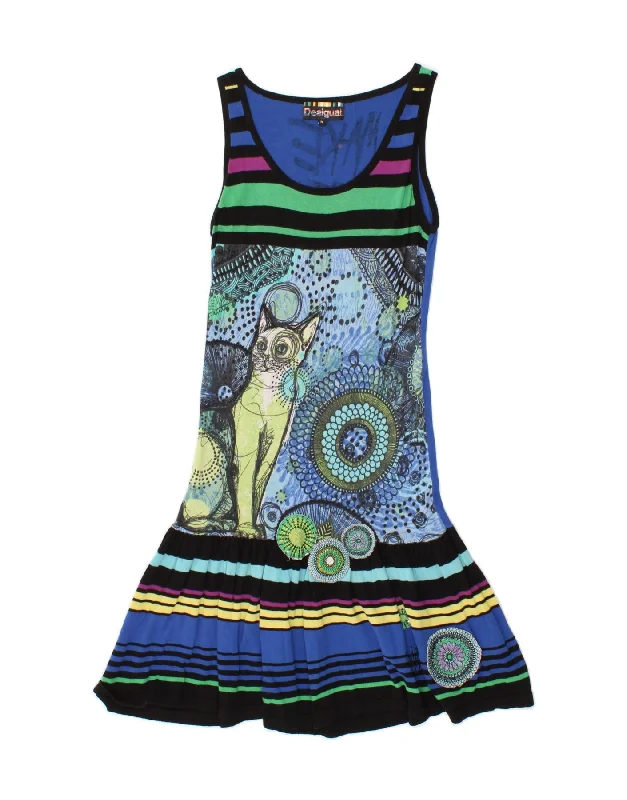 DESIGUAL Womens Graphic Sleeveless A-Line Dress UK 12 Medium Blue Tunics Stylish modern