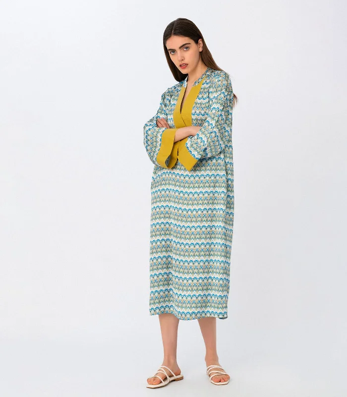 Fantasy Print Kaftan Dress Blue Boatneck Modish Everyday