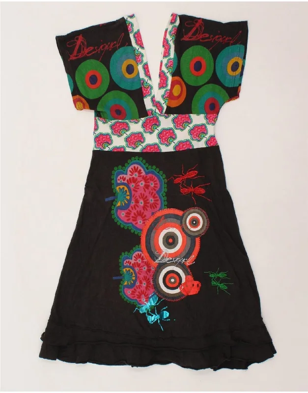 DESIGUAL Womens Graphic A-Line Dress UK 10 Small Black Geometric Cotton Tunics Summer linen