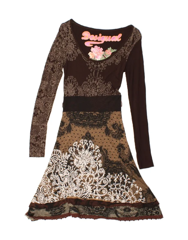 DESIGUAL Womens A-Line Dress UK 8 Small Brown Paisley Viscose Tunics Versatile all-occasion