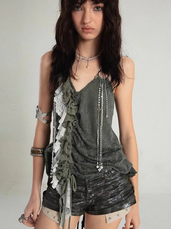 Spliced Ruffle Lace Dark Jacquard Camisole Tank Top【s0000008477】 charcoal tank top