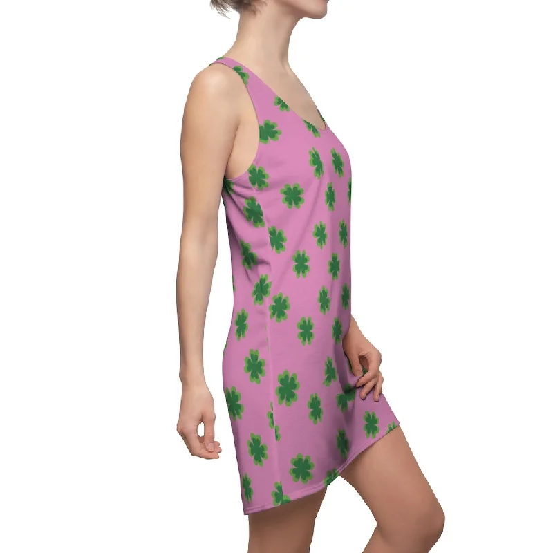 Pink Green Clover Leaf Print St. Patty's Day Long Women's Racerback Dress-Made in USA Tunics Luxurious high-end Pink Green Clover Leaf Print St. Patty's Day Long Women's Racerback Dress-Made in USA Tunics Luxurious high-end