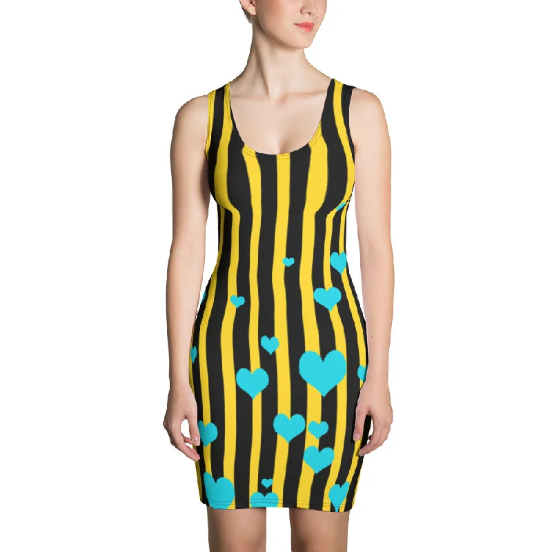 Yellow Bee Striped Women's Dress, Best Designer Striped Print Black + Yellow Women's One-Piece Dress- Made in USA/ Europe Tunics Prom sequined Yellow Bee Striped Women's Dress, Best Designer Striped Print Black + Yellow Women's One-Piece Dress- Made in USA/ Europe Tunics Prom sequined