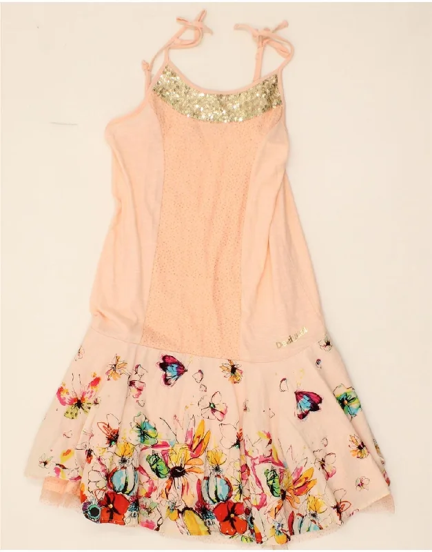 DESIGUAL Girls A-Line Dress 13-14 Years Pink Floral Cotton Square Neckline Feminine