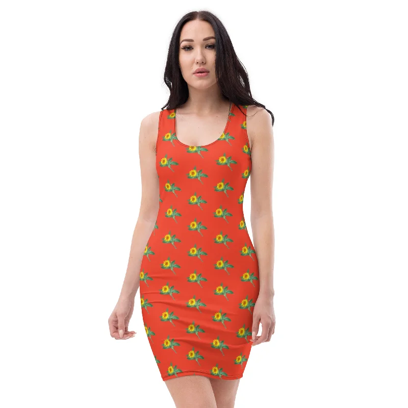 Bright Red Floral Sunflower Dress, Sunflower Print Sleeveless Women's Dress - Made in USA/EU/MX Tunics Versatile stylish